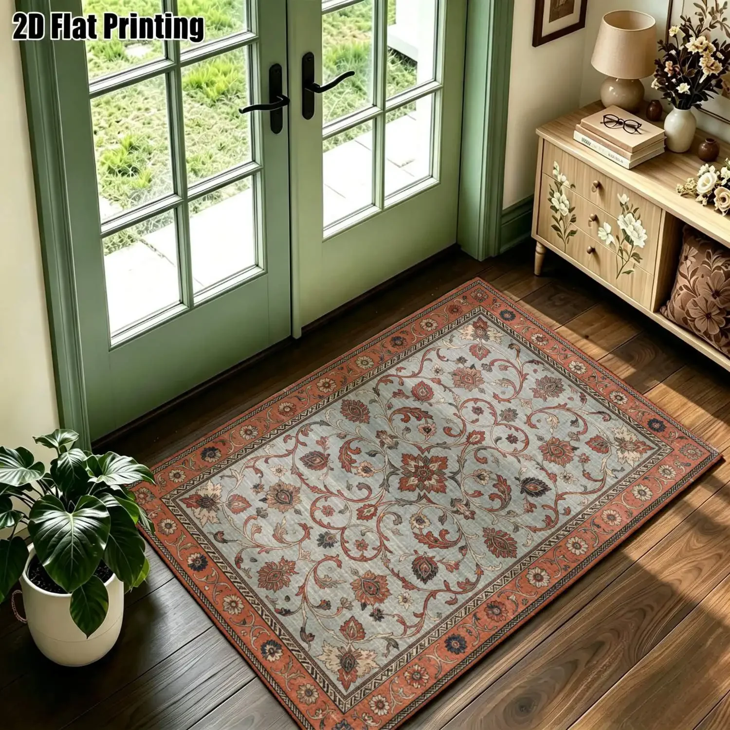 1Pc 2D Printed Retro Brown Floral Scroll Carpet: European Vintage Bohemian Rug for Home Decor, Multi-Size, Machine Washable, Sui