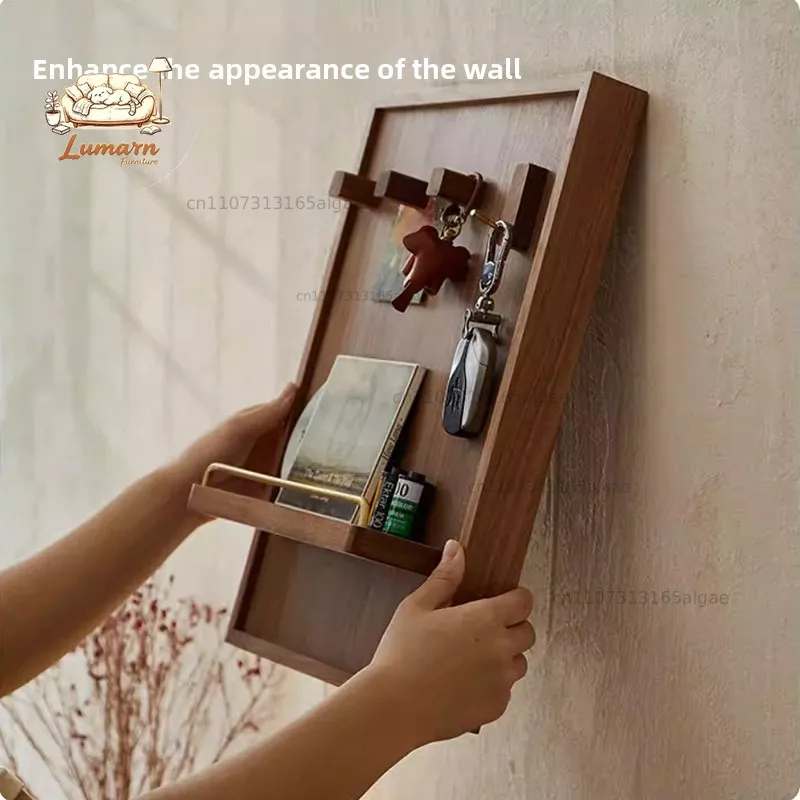 Wall-Mounted Storage Holder with Key Hook Walnut Wood Electric Meter Box Cover Decorative Rack Living Room Elegant Organization