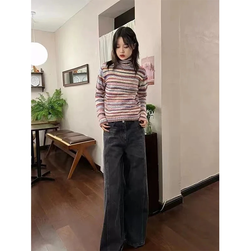 MEXZT Y2K Striped Sweater Women Harajuku Turtleneck Knit Pullovers Korean Patchwork Knitwears Vintage O Neck Slim Jumpers Tops