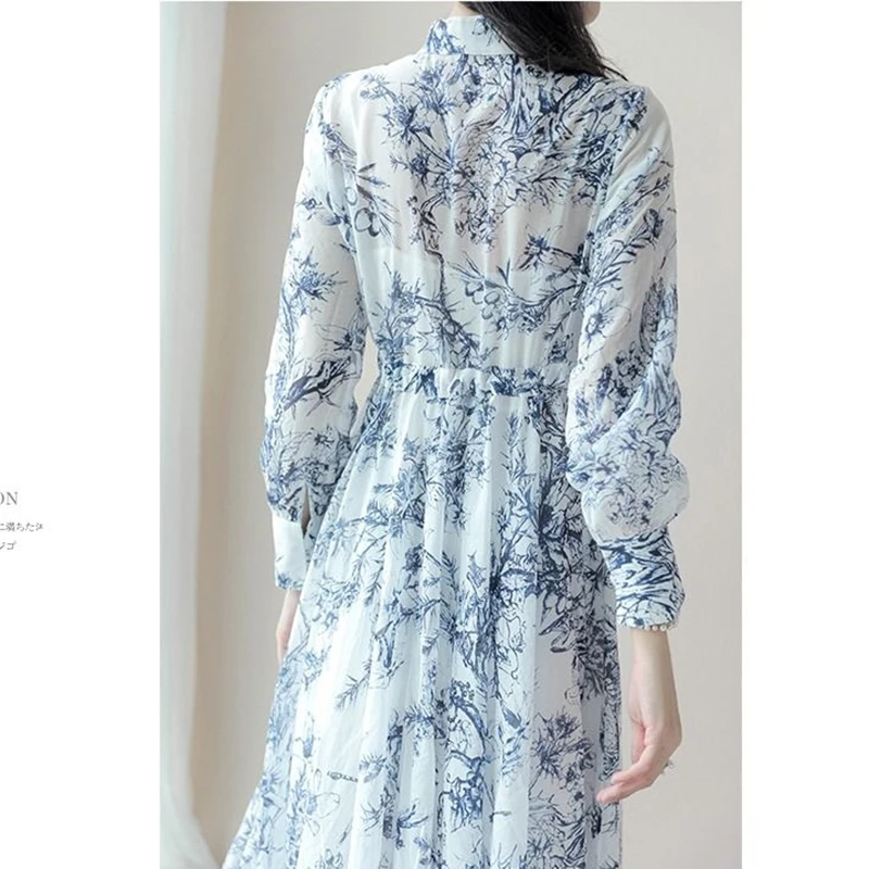 2024 Spring Chinese Style Ink Painting Printing Midi Dress Women Long Sleeve French Elegant Dresses Korean Fashion Y2k Clothing