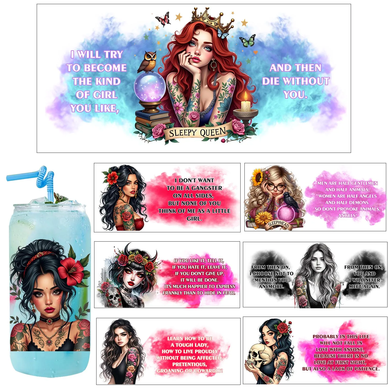 Flower Tattoo Girl affirmative quotes waterproof Party DIY Decals 3D transfers uvdtf tumbler seal stickers 16oz uv dtf cup wraps