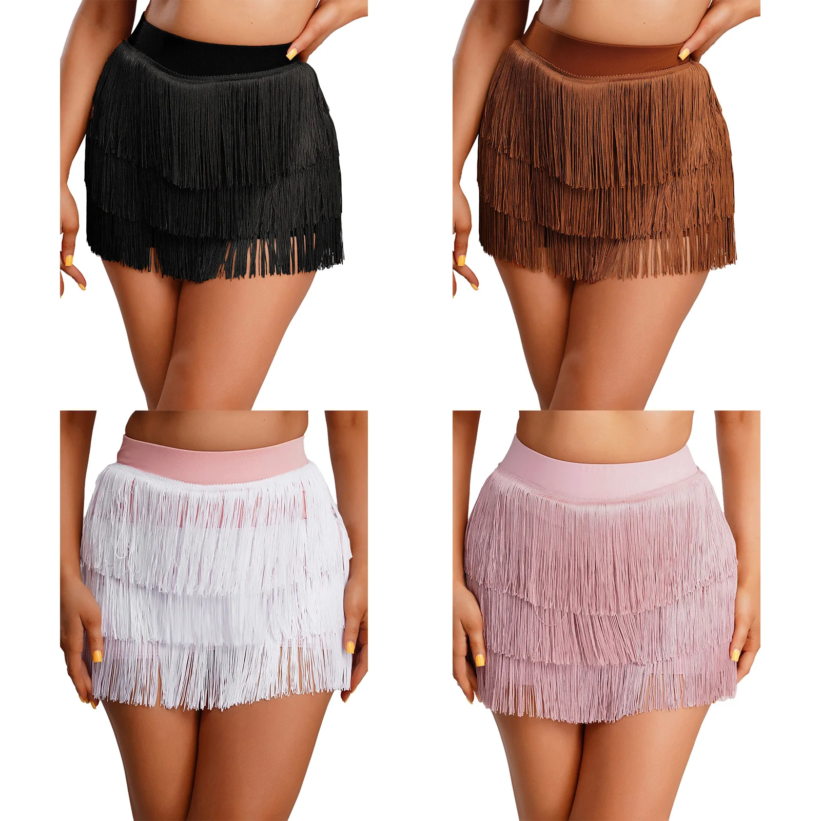 Gonna da ballo latino tango da donna Pantaloncini incorporati Gonna a nappa a strati a vita alta Costume da ballo per competizione di palline di salsa Chacha