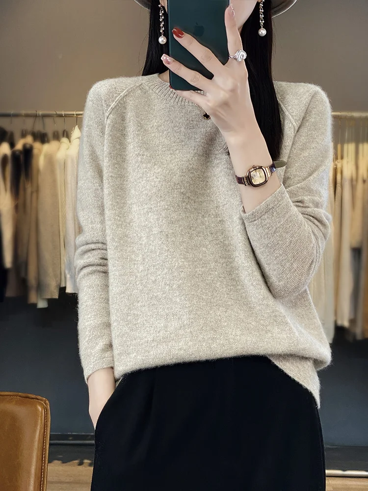 Women O-Neck Pullover 100% Merino Wool Long Sleeve Sweater For Autumn Winter Soft Solid Color Knitwear  Korean Cashmere Tops