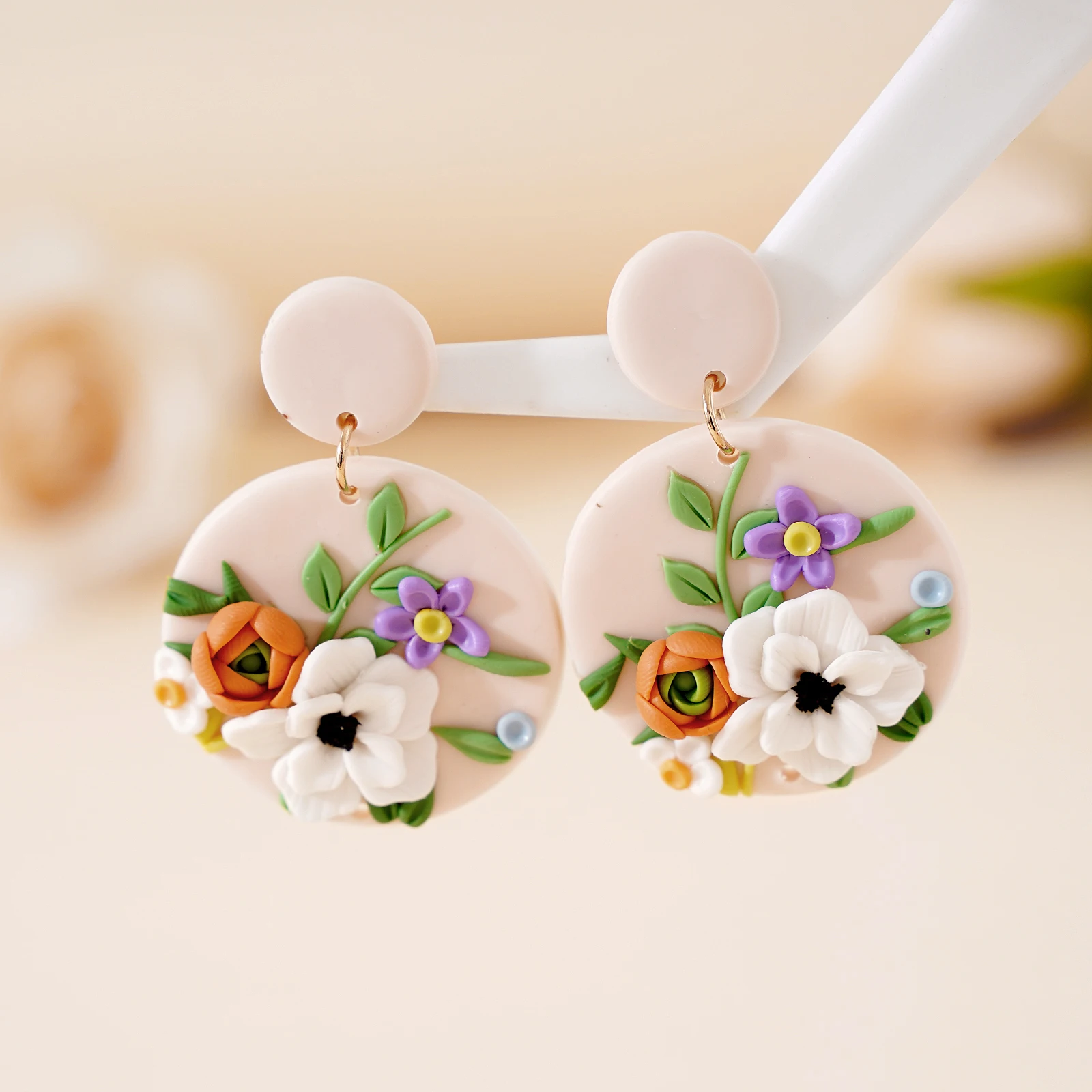 Vintage Artsy Colorful 3D Flower Polymer Clay Earrings Handmade Geometric round Floral Dangle Unique Gift for Spring Summer