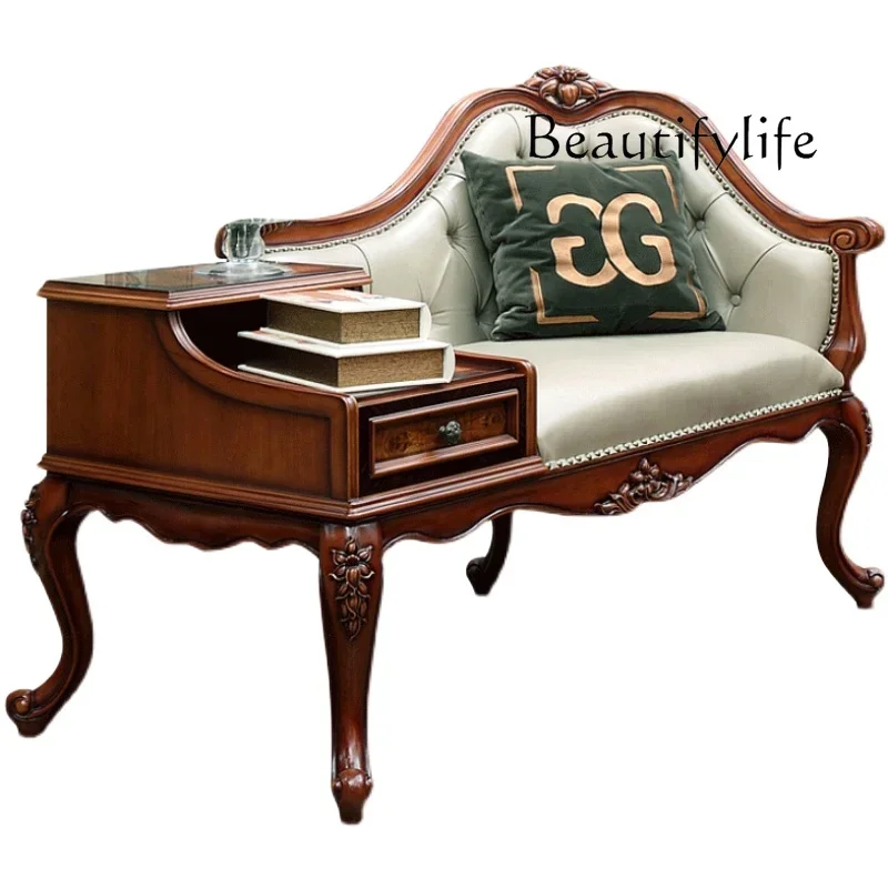 

American-Style Solid Wood Telephone Chair Genuine Leather Chaise Longue Lazy Bone Chair Balcony Beauty Bed Single Sofa