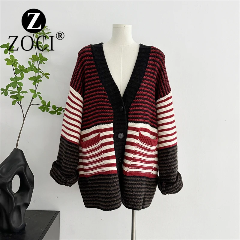 [ZOCI] Sheep Wool Thick Red Striped Knitted Sweater Style Loose Cardigan Jacket