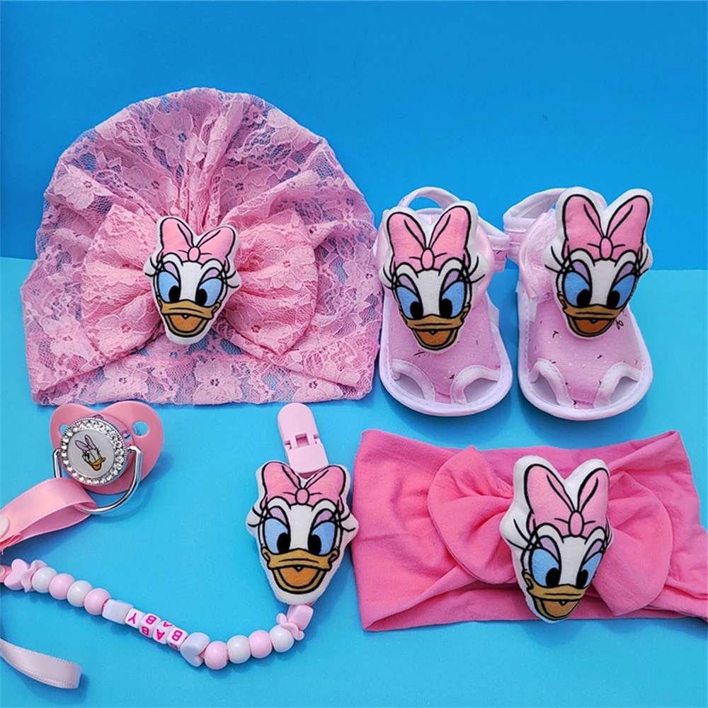 New Pink Daisy Duck Summer Anime Them Plush Happy Princess Baby Shoes Lace Headband Set Personalized with Name Holder for Nipple