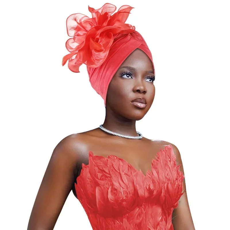 Retro Feather Flower Turban Cap for Women Nigerian Wedding Party Headwear African Auto Geles Muslim Headscarf Bonnet Hijab Hat