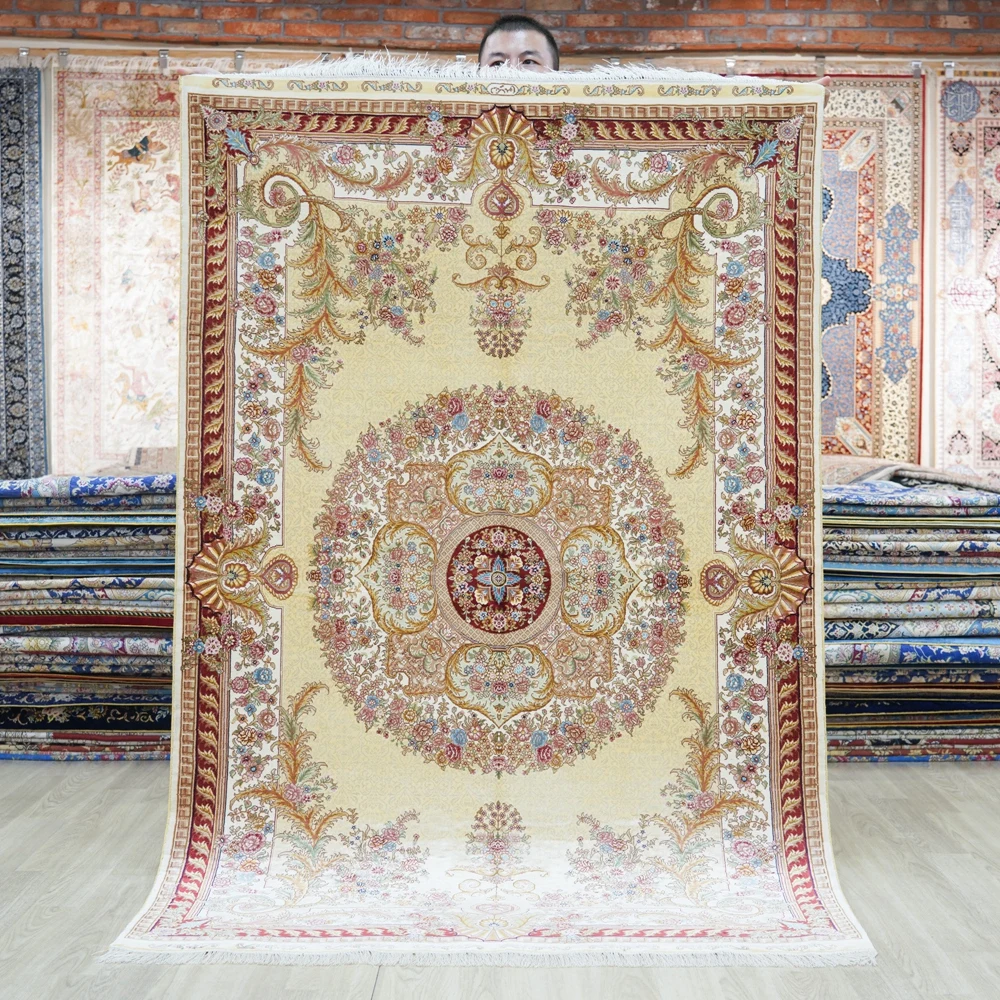 122x183cm Beige Handmade Silk Persian Carpet Classy Home Decoration Rug (TJ617A)