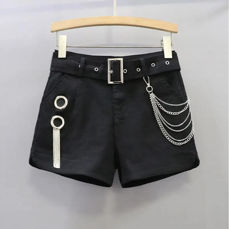 Black Stretch Shorts Women's Clothing 2026 Summer New Slim Stripe Tassel Sexy Hot pants Female Fashion All-match Casual Shorts