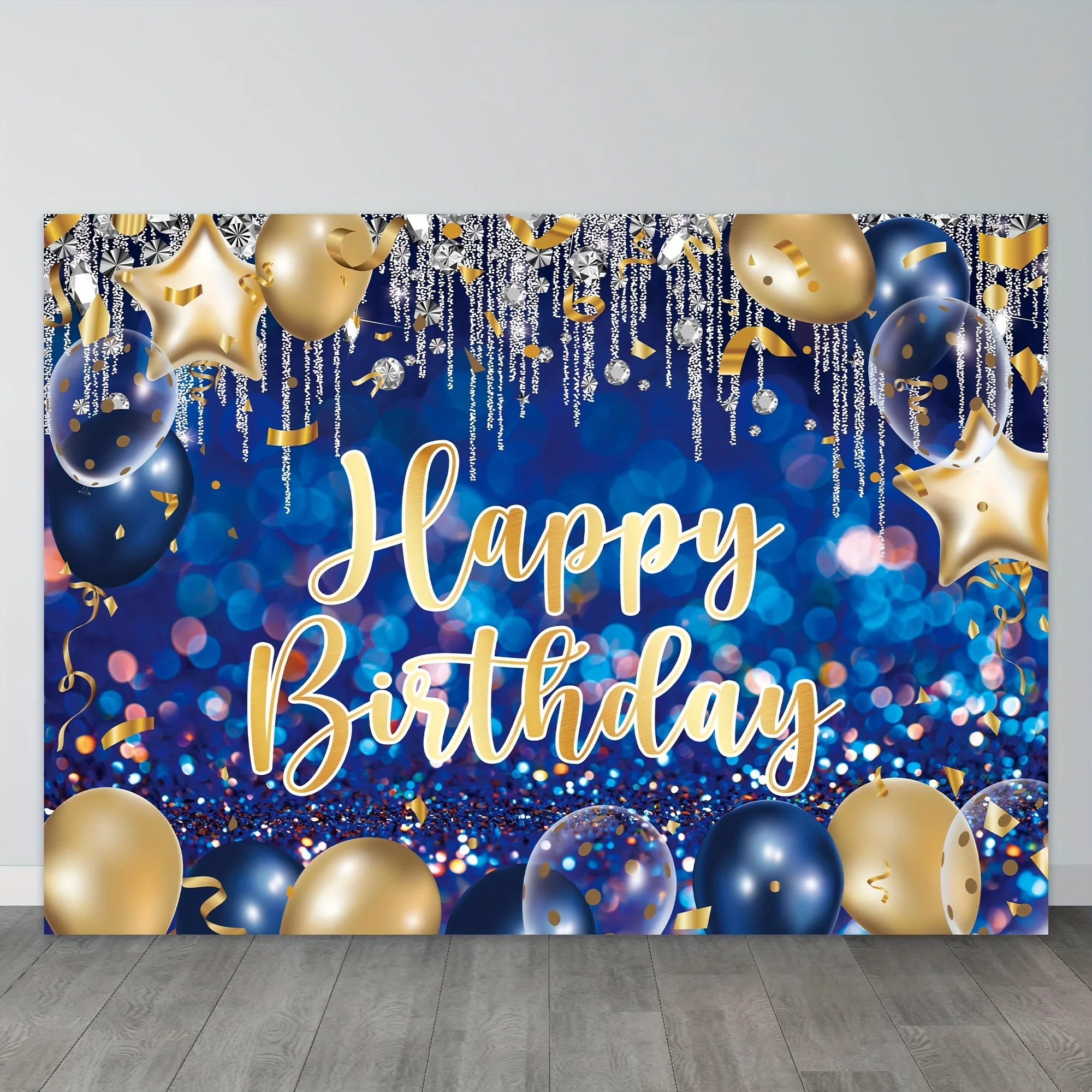 Marineblau und Gold Alles Gute zum Geburtstag Hintergrund Stoff Party Polyester Stoff Ballon fünfzackiger Stern Fotografie Hintergrund