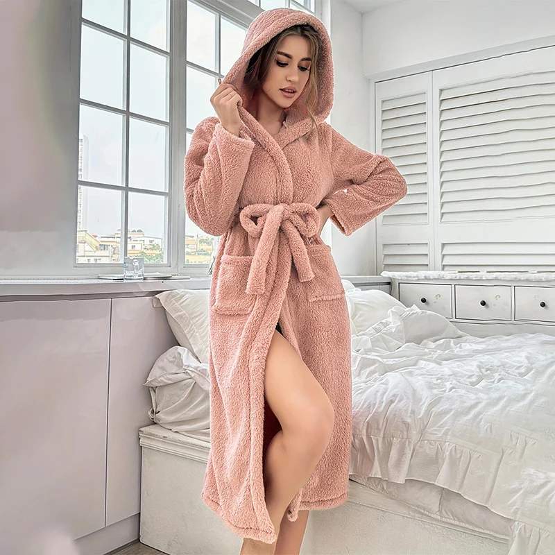 

Winter women's solid color flannel nightgown with hooded design long sleeves with waistband casual soft comfortable and warm