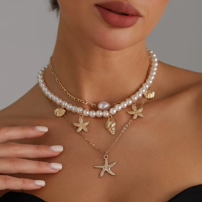 

Ocean Element Multi-Layer Pearl Starfish Pendant Necklace Summer Vacation Collarbone Chain for Women Girls Jewelry Accessories