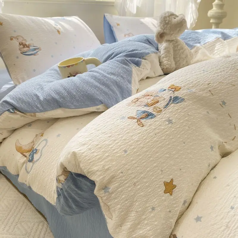 A-Class Puff Double-Layer Yarn 4-Piece Bedding Set - Breathable All-Season Dorm/Washable Cotton Soft & Comfortable