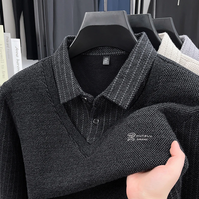 럭셔리 남성용 신상 가을 겨울 페이크 투피스 스웨터 라펠 자수 두꺼운 보온 니트웨어 레저 남성 의류 상의