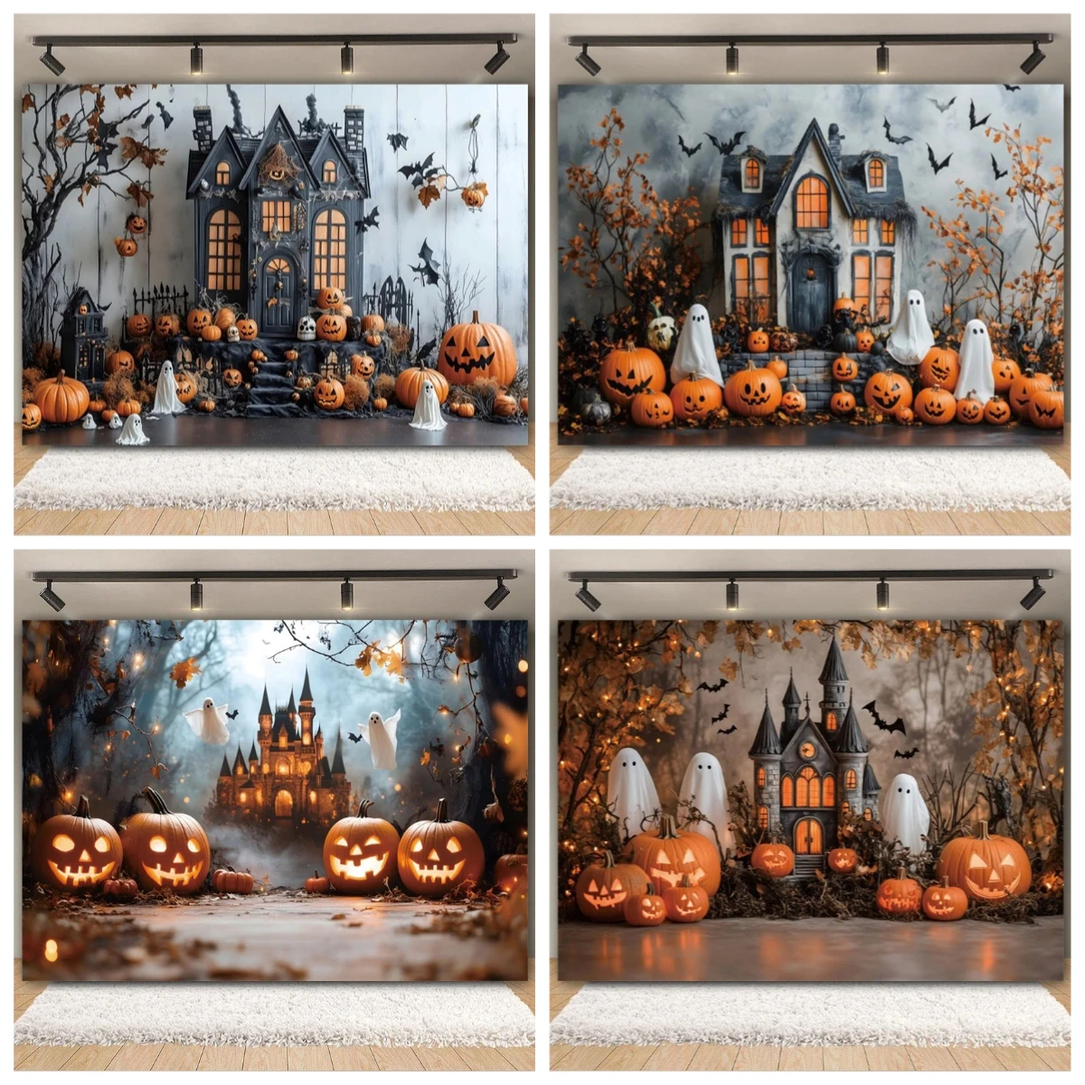 

Halloween Backdrop Horror Castle Ghost Pumpkin Lanterns Bat Witch Maple Baby Portrait Family Party Background for Photographs