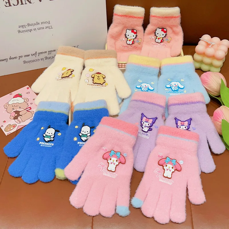 Sanrio luvas infantis de inverno meninas dos desenhos animados kuromi conjuntos quentes de cinco dedos meninas frio anticongelante conjuntos de dedos divididos