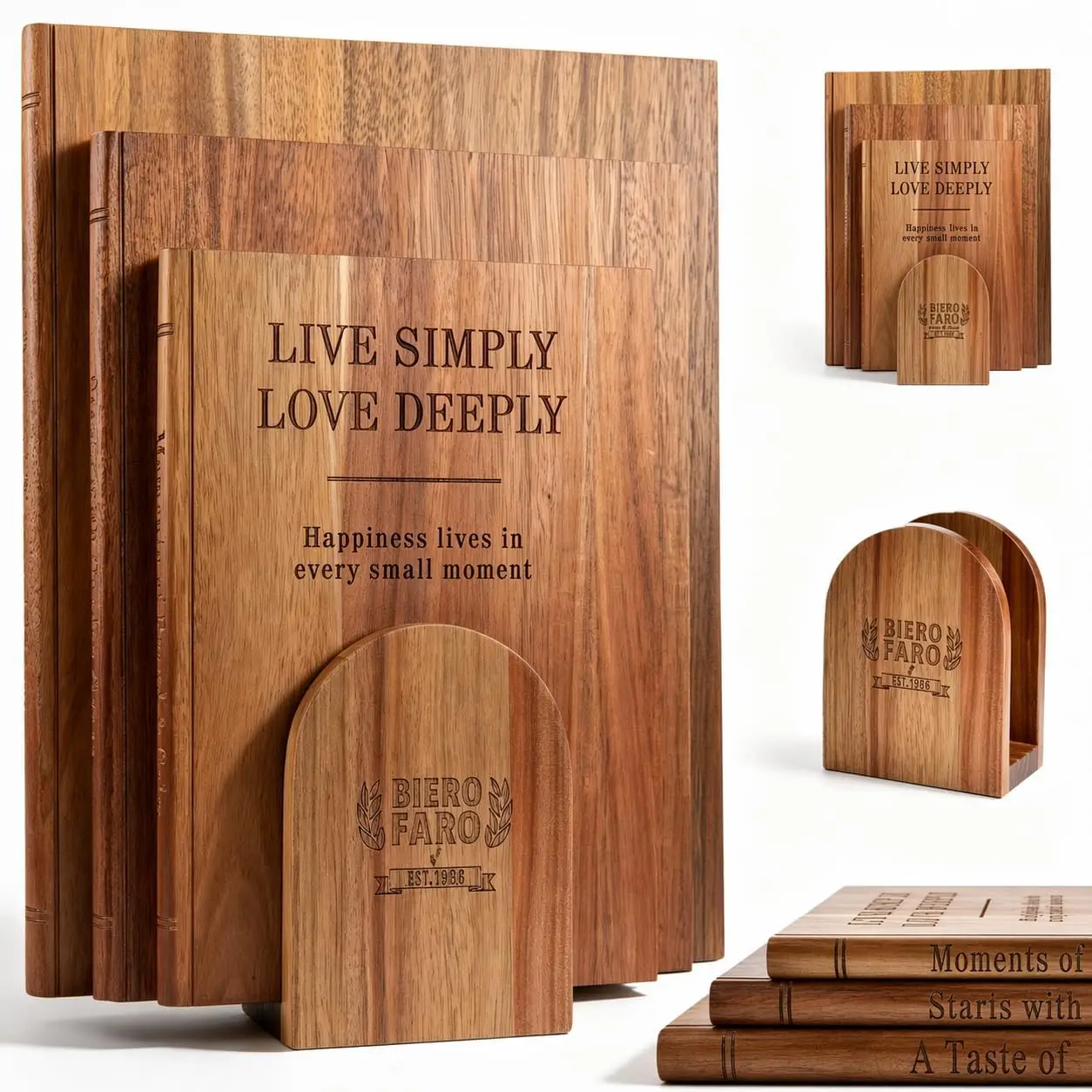 

Acacia Wood Book Cutting Board Set of 3 with Stand, Reversible Chopping Boards for Cheese, Meat, Vegetables, Kitchen Decor