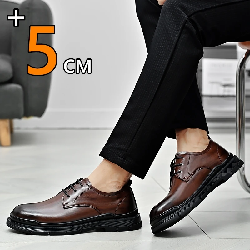 New Flat Or 5cm Height Increasing Formal Shoes Genuine Leather Elevator Shoes Man Lift Shoes Business Wedding Oxfords Tall Shoes