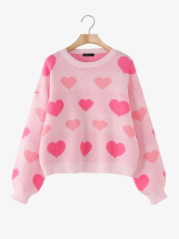 

2025 ZANZEA Women Sweater Fashion Autumn Heart Print Long Sleeve Winter Pullovers Tops Office Elegant Casual Streetwear Jumpers