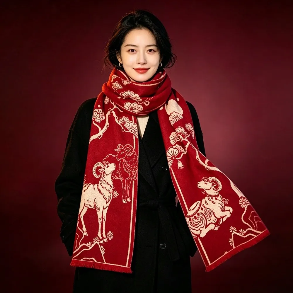 Lamb Cartoon Shape Chinese New Year Sheep Long Scarf Windproof Polyester Winter Cashmere Scarves Warm Soft Red Long Shawl Girl