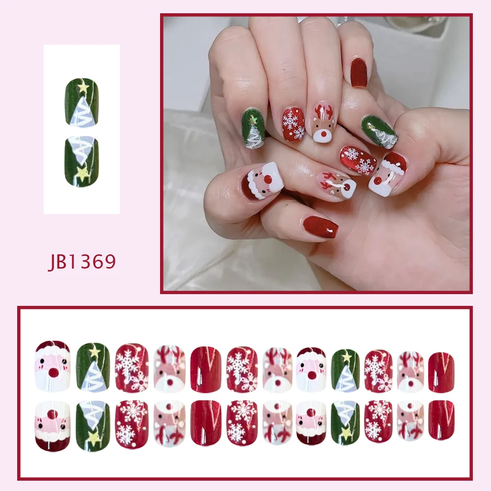 Christmas Press on Nails Santa Reindeer Snowflake Fake Nails Short Square Acrylic Nail Tips Xmas Decorations for Women 24Pcs