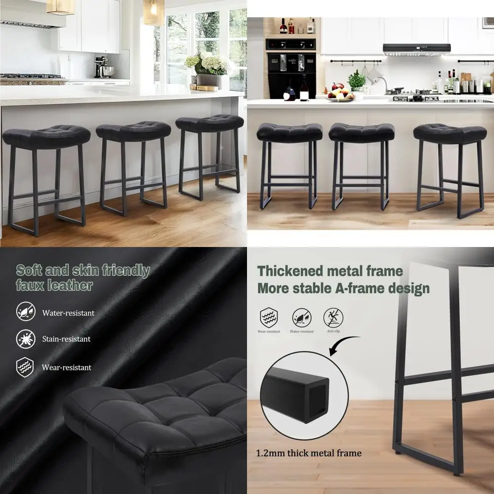 Set mit 3 modernen Barhockern für die Küchentheke, 61 cm hoch, rückenfrei, mit Kunstlederpolsterung für stilvolles Esszimmer