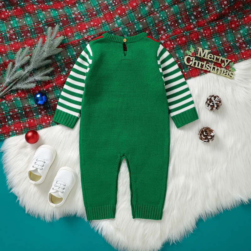 Baby Christmas Knit Jumpsuit Belt and Stripe Print Long Sleeve Crew Neck Jumpsuit Festive Striped Christmas Hat Jacquard Costume