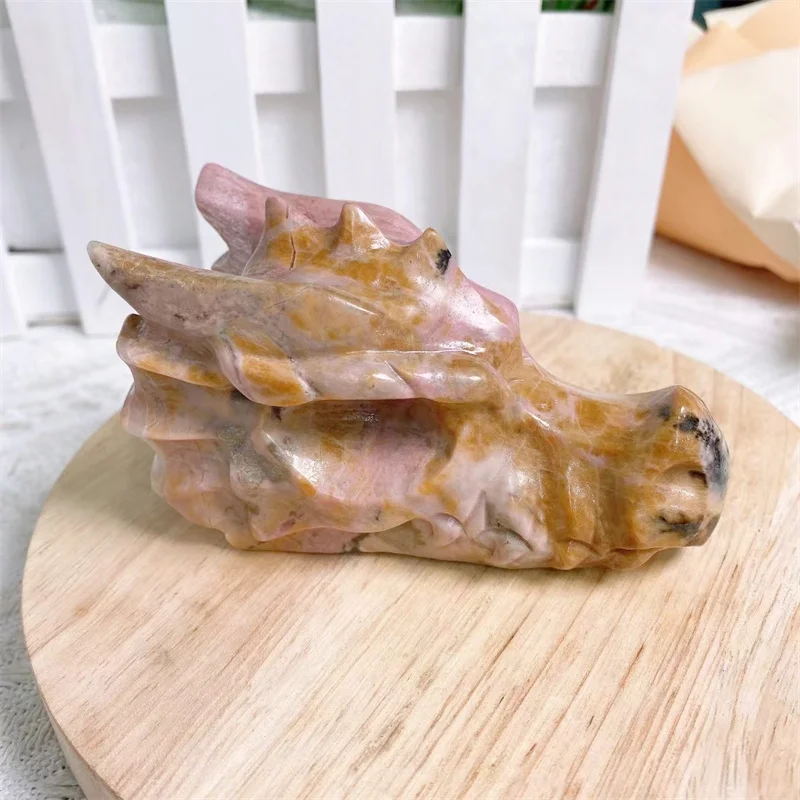 

9.8cm Natural Rhodonite Dragon Skull Crystal Hand Carved Powerful Statue Healing Lucky Gemstone Crafts For Halloween Gift 1pcs