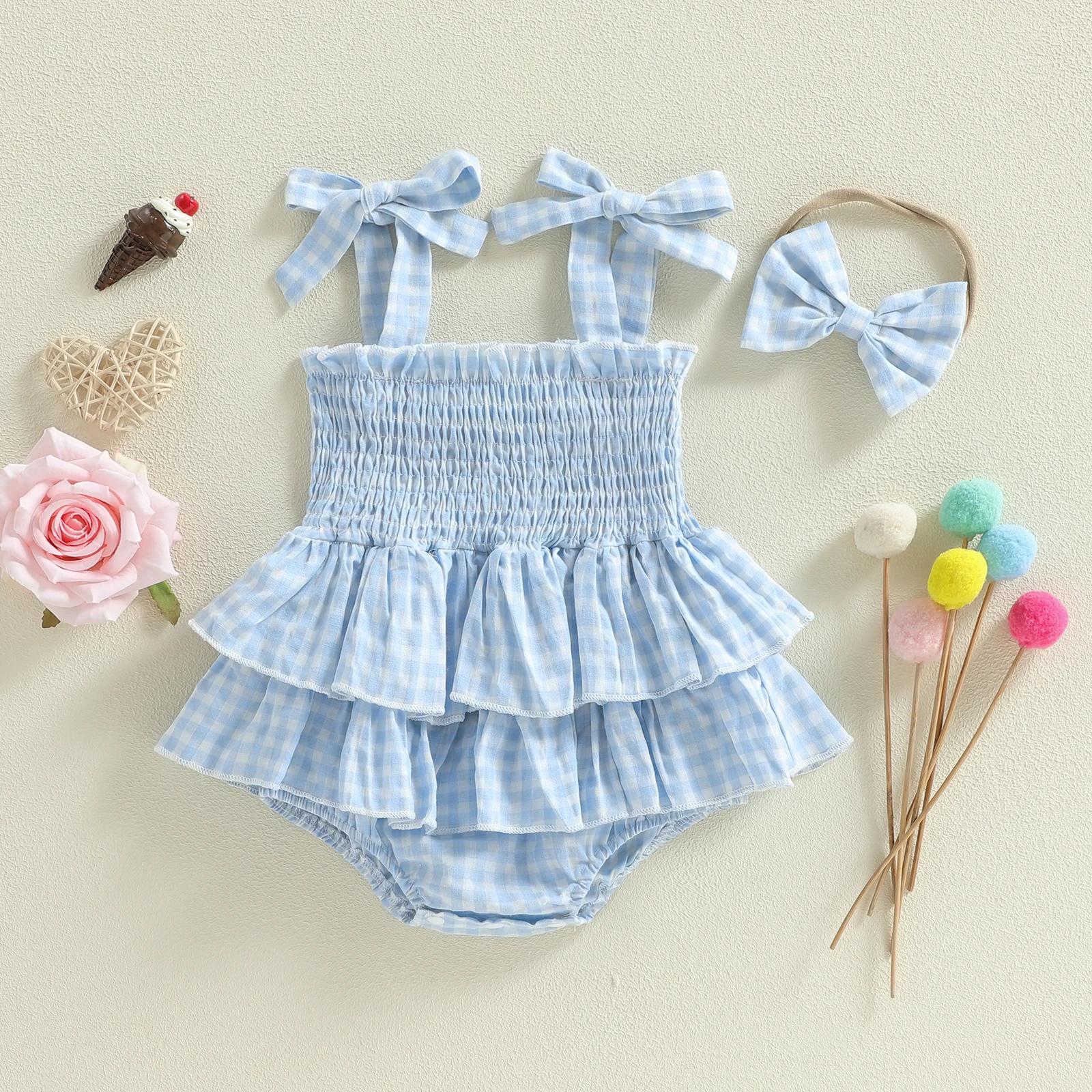 Tregren 0-18M Newborn Baby Girls Romper Dress Summer Sleeveless Square Neck Plaid Ruffled Layers Bodysuit with Bow Headband Sets