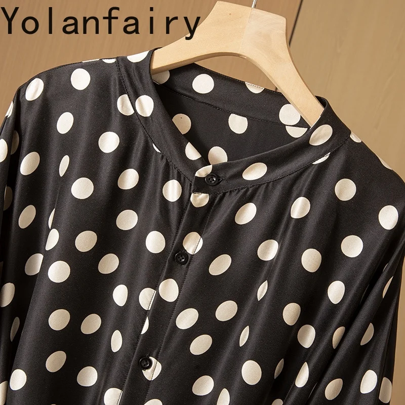 YOLANFAIRY 100% Real Mulberry Silk Long Dresses 2025 Woman Classic Polka Dot Dress Silk Satin Elegant Ladies Dresses Half Sleeve