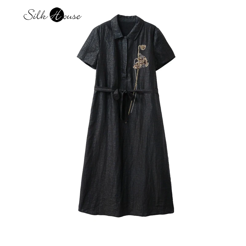 Heavy Industry Nail Bead 100% Natural Mulberry Silk Gambiered Guangdong Gauze Lapel Short Sleeved Women's Fashionable Dress