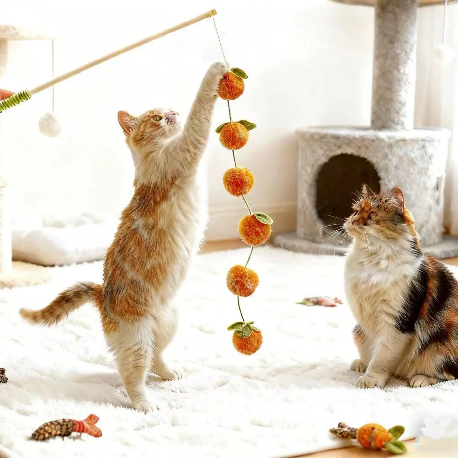 Cat Wand Toys 15.7 Inch Wooden Fruit-Shaped With Anti-Slip Handle Cat Teaser Toy For Indoor Kitten Playing Exercising Teeth