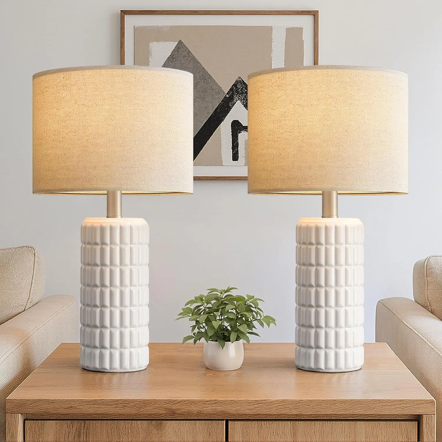 

Set of 2 Modern White Ceramic Table Lamps for Living Room, Bedroom, or Desk Decor