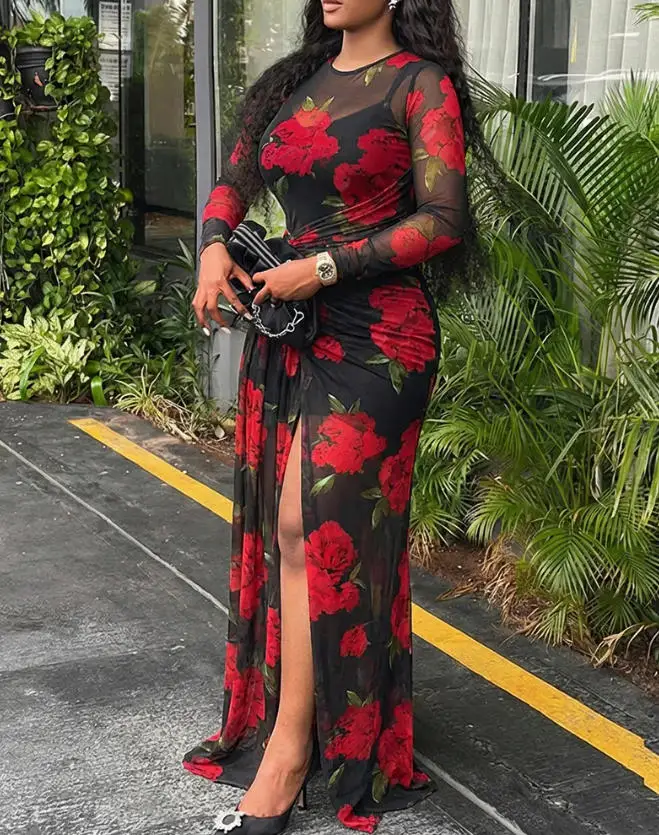New 2 Pieces Set Floral Print Long Sleeve Tie Waist High Slit Sheer Mesh Maxi Dress Adjustable Spaghetti Straps Cami Mini Dress