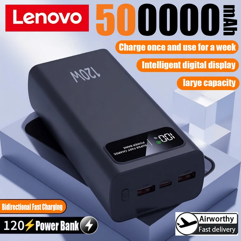 

Lenovo 200000mAh Powerbank 120W Super Fast Charging Portable Mobile Power Ultra large Capacity Digital Display External Battery