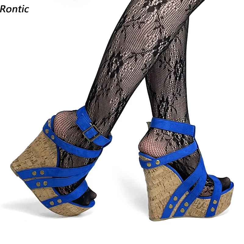 

Rontic/женские сандалии ручной работы на платформе, гладиаторы, унисекс, туфли на танкетке с открытым носком, довольно синяя повседневная обувь цвета фуксии, размер США 5-20