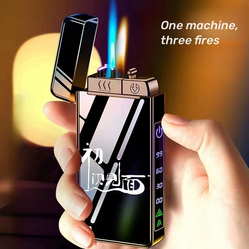 Triple Flame Electric Pulse Plasma Dual Arc Type-C Lighter Metal Outdoor Windproof Blue Red Flame Torch Jet Lighter Men's Gift