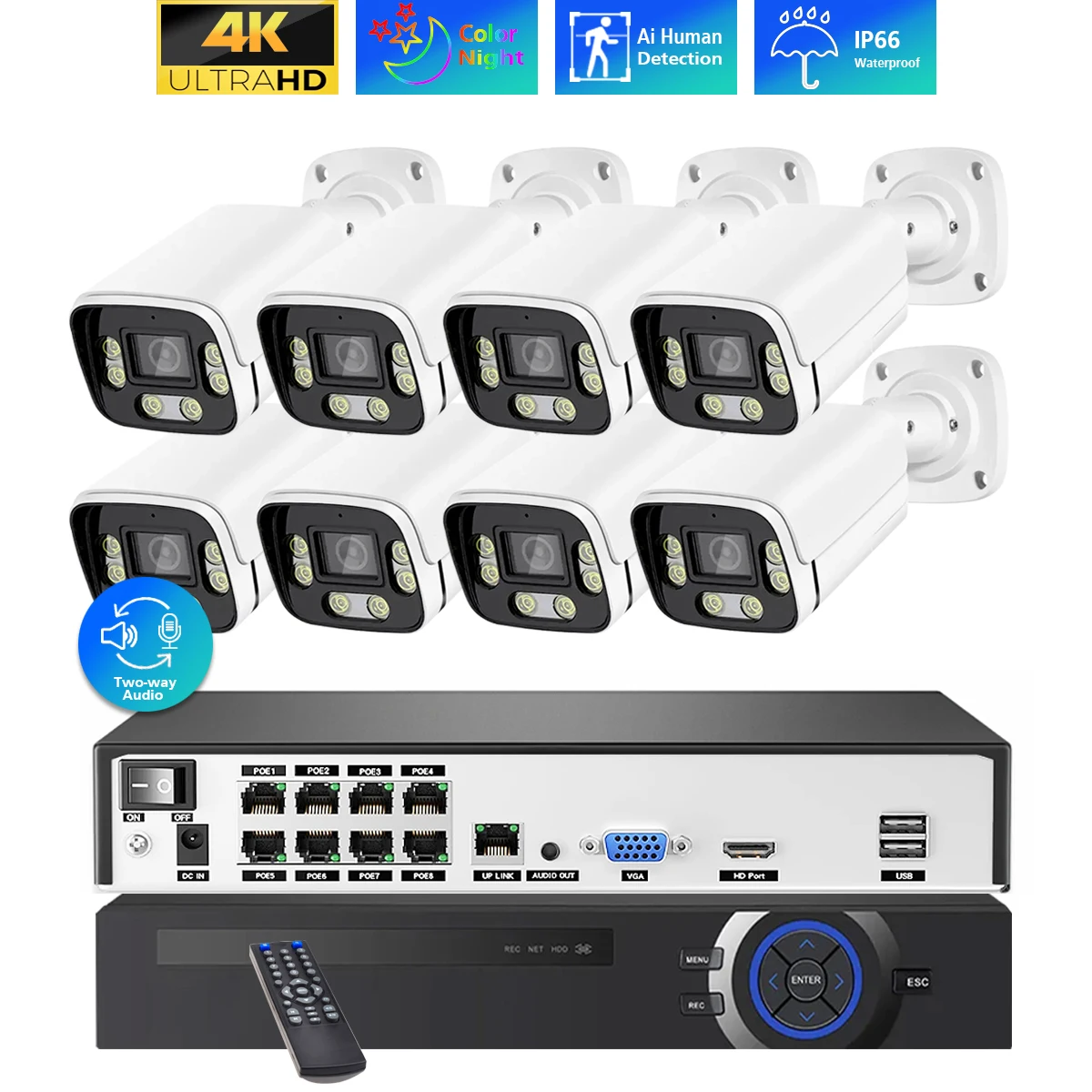 8CH 4K POE CCTV Security Camera System 8MP Outdoor Waterproof IP Camera with Two-Way Audio Night Vision Video Surveillance Kit