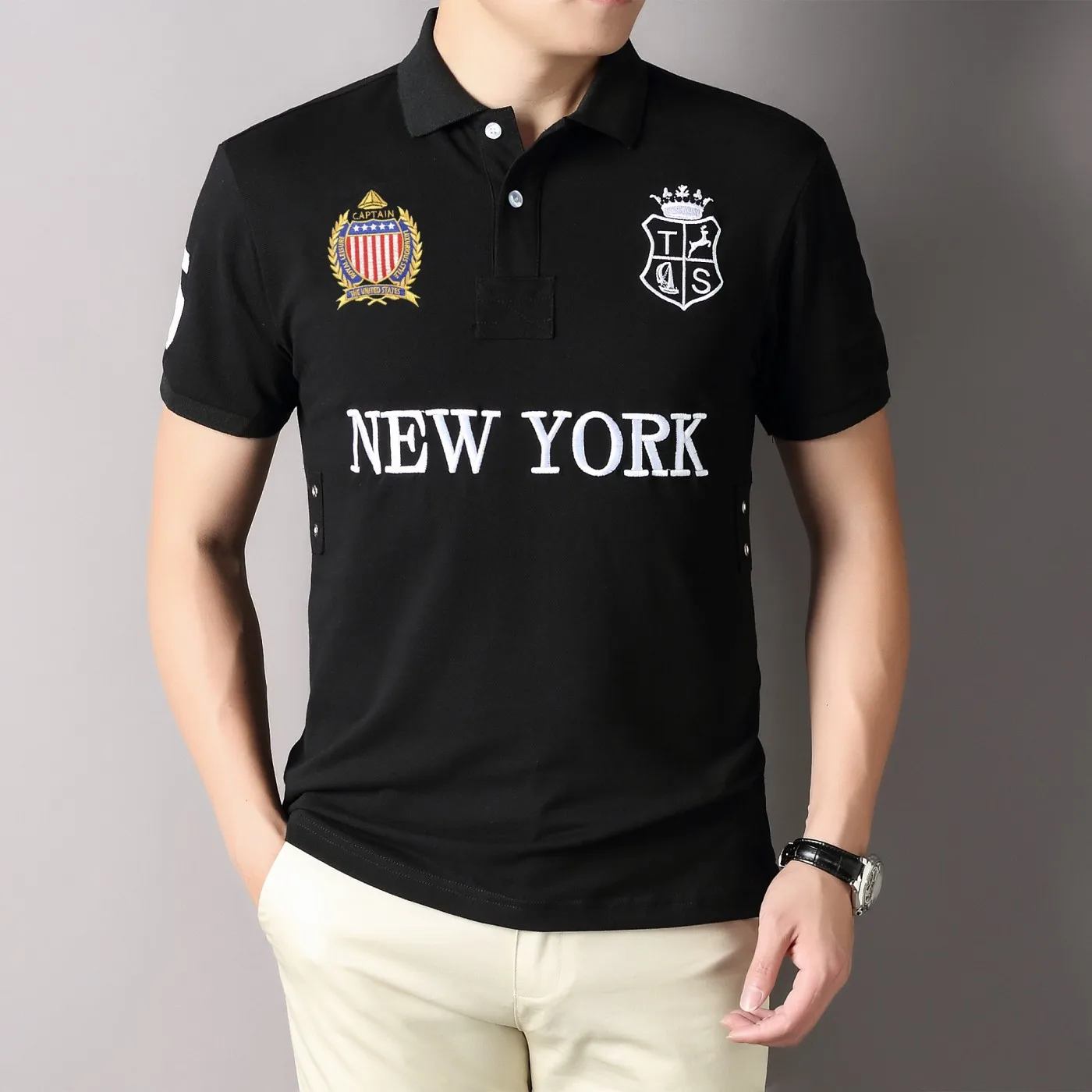 Polo de algodón para hombre, Camiseta corta informal, bordado de alta gama, color de contraste de lujo, diseño original, EE. UU., Nueva York Royal,