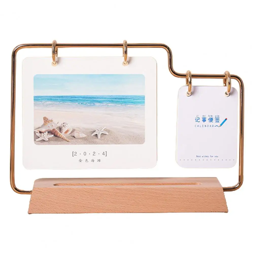 

Metal Loose-leaf Buckle Desk Calendar 2024 Solid Wood Desk Calendar with Metal Buckle Design Printing Monthly Planner for Home