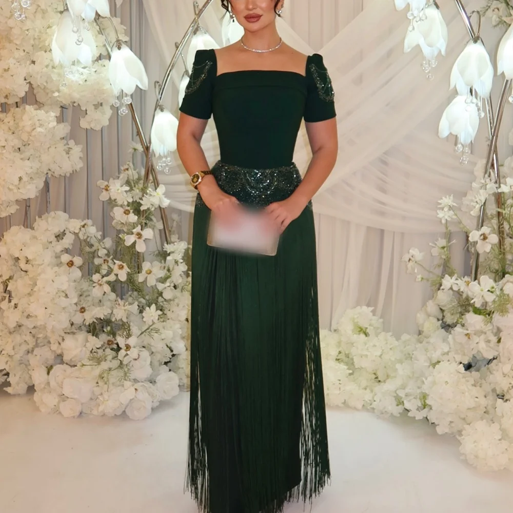 Vestidos de Noche Formales de Lujo Personalizados con Cuello Cuadrado, Vestidos Largos Rectos con Flecos Brillantes en la Cintura, Vestido de Fiesta de Boda para Banquete