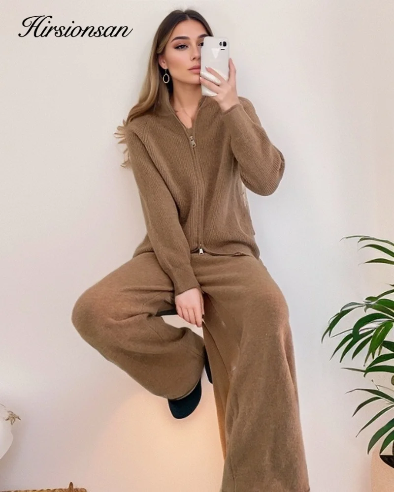 Hirsionsan Winter Thick Women Suits Soft 2 Pieces Female Sets Zip Cardigan Sweater & Wide Leg Pants Soft Knitted Track Suit