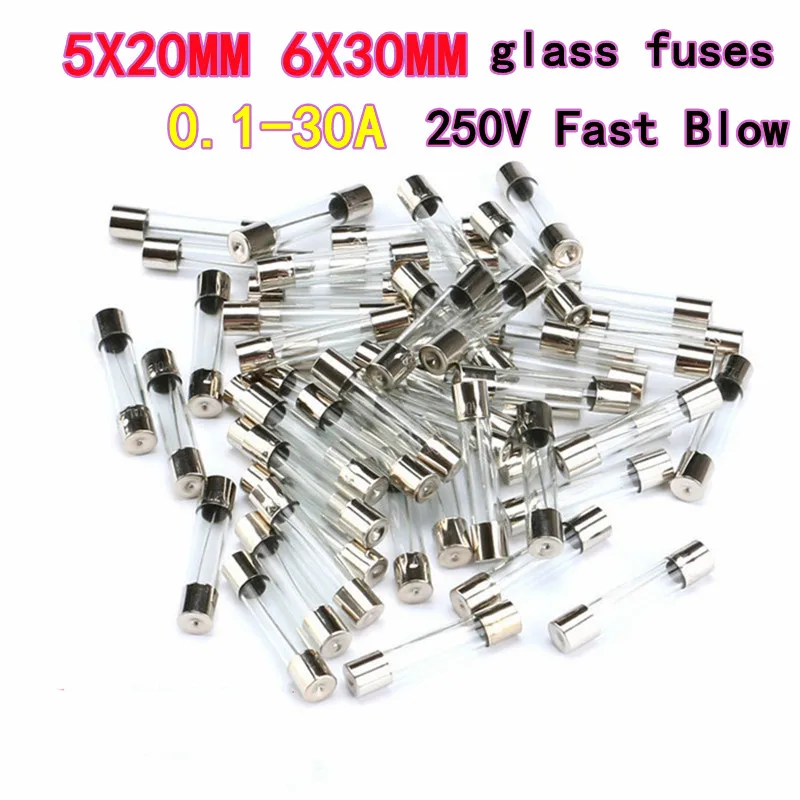 10PCS Fuse Tubes Glass Fuse Tubes Fuses 5×20MM 6×30MM 250V 0.1/0.5/1/2/3/4/5/6/7/8/10/30A Fast blow Fuse Tubes