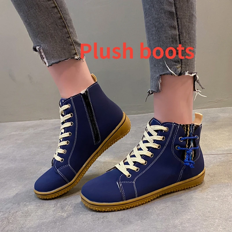 

Frosted Leather Lace Up Short Martin Boots for Women's Foreign Trade Large Plush Snow Cotton Boots Motorcycle Shoes 36-42