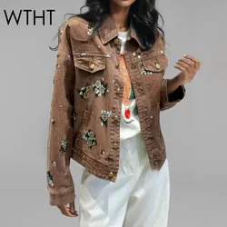 WTHT New Fashion Women's Heavy Industry Embroidered Sequins Denim Jacket Turn-down Collar Long Sleeves Coat Female 1LS696
