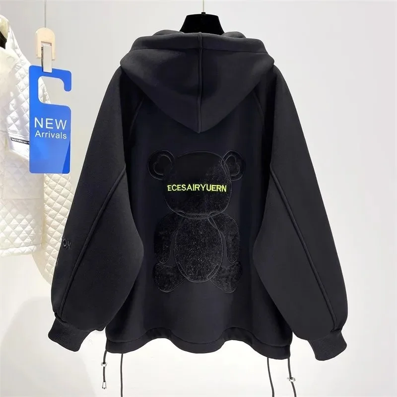 

Women 300 Catties Black Hooded Sweater Female Plus Velvet Thickening 2022 New Fat mm Autumn and Winter Tide Ins Jacket Commuting