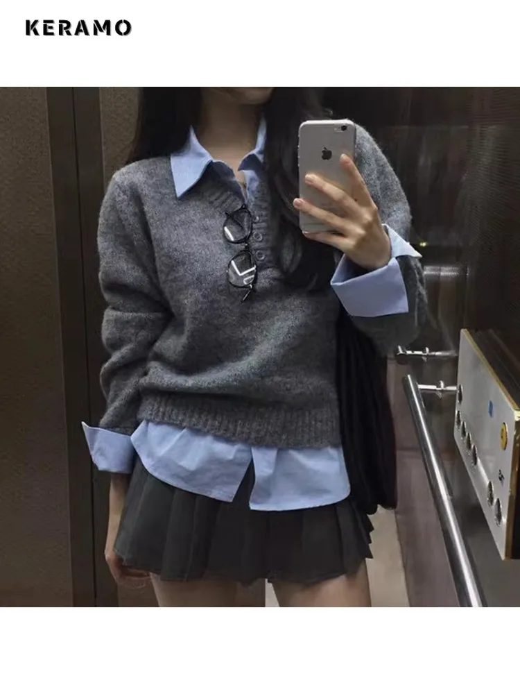 2025 Winter Korean Fashion Knit Long Sleeve Pullovers Women Casual Fake Two Piece Jumpers Y2K Patchwork Turn Down Collar Sweater