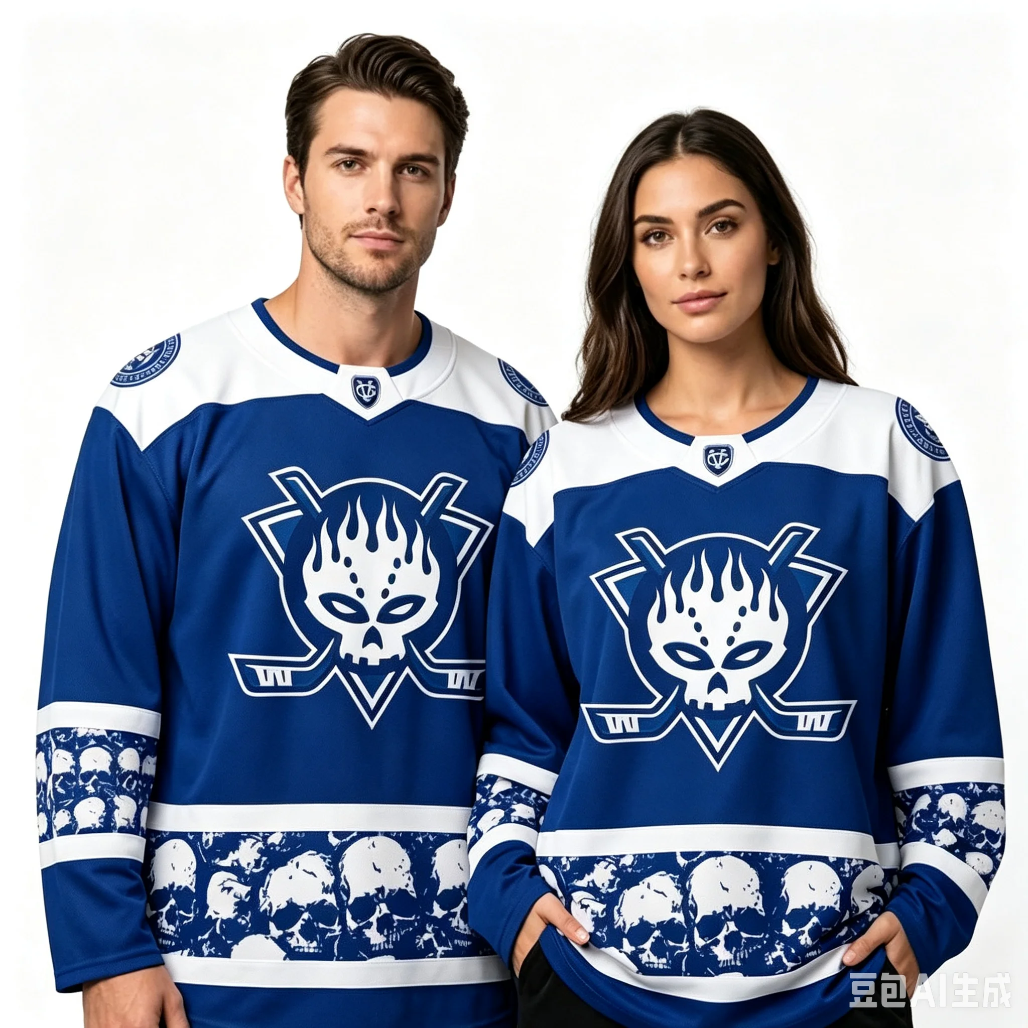 Blue White Skull Long Sleeve Hockey Jersey Hockey Stick Logo Tee Unisex Oversized Gothic Streetwear Sports Top Family Matching