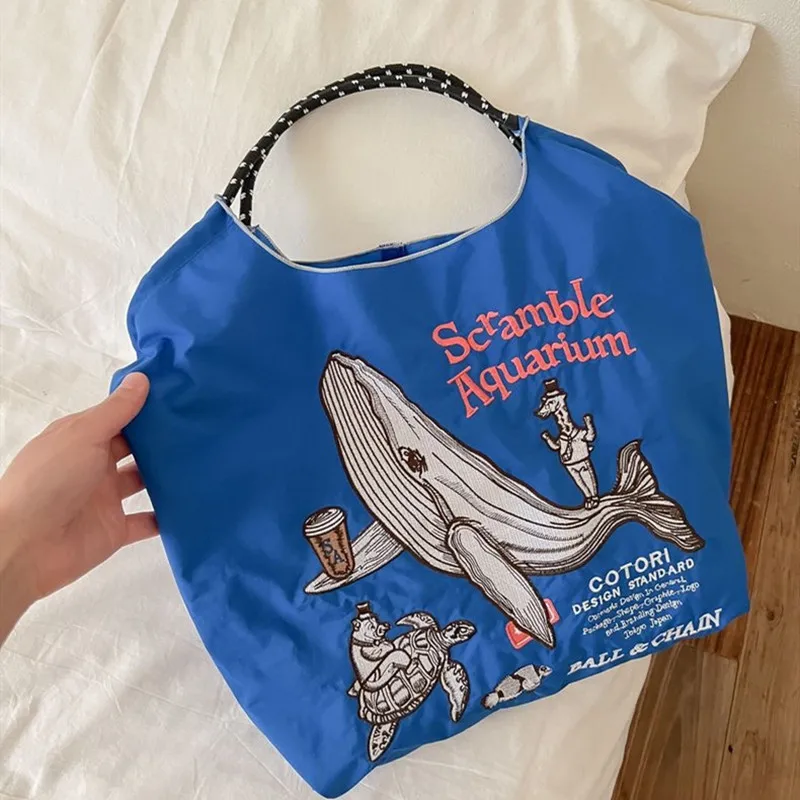 Whale Embroidery Eco Bags for Women Chain Designer Bag Handbags Large Rope Handle Shoulder Bag Letter Nylon Shopper Purses Tote